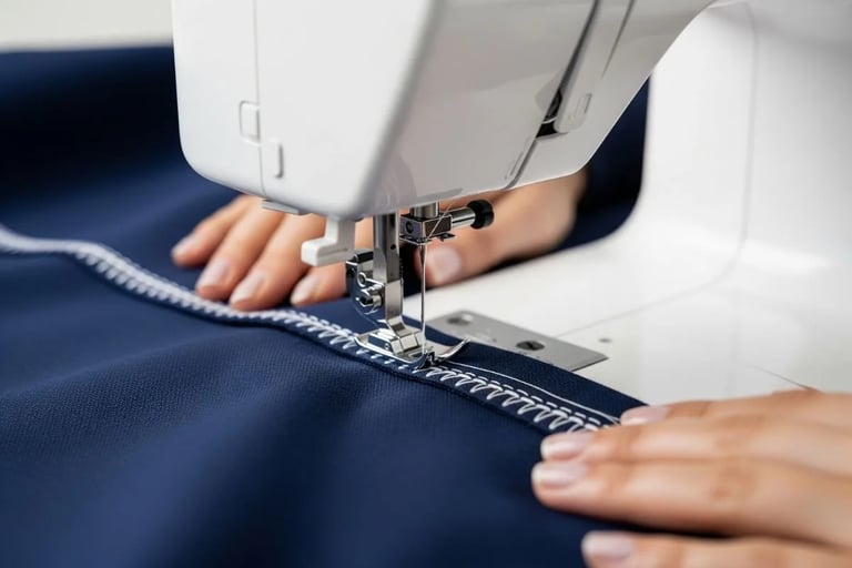Proses menjahit tote bag DIY dengan mesin jahit di atas kain kanvas SIGNIFO yang kuat.
