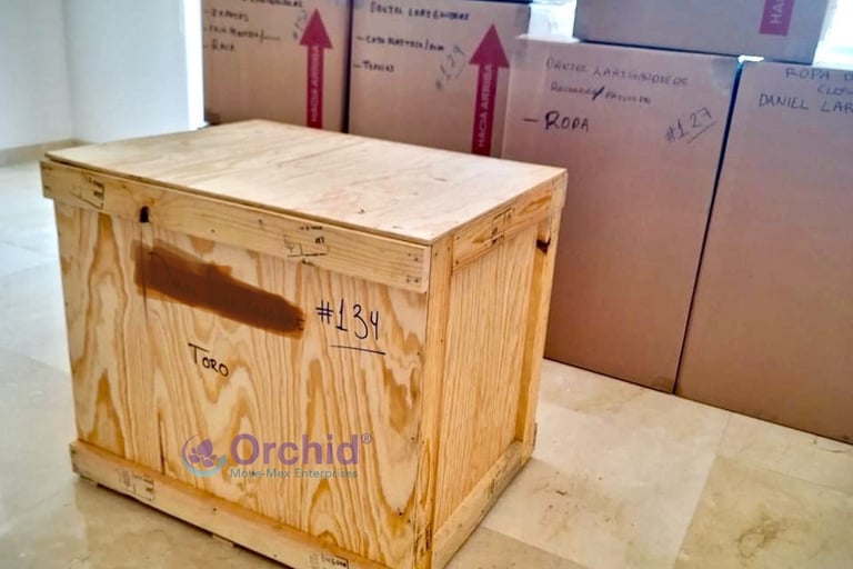 ISPM-15 certified wooden crate used for exporting fragile household goods from Mexico to Switzerland