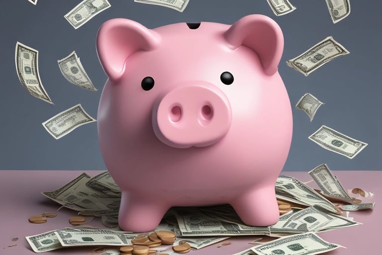 A cash saving expert depicted by a piggy bank with lots of cash around..