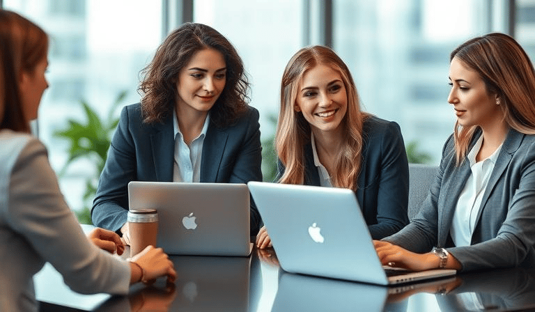 three women sitting at a table with a laptop and a laptop