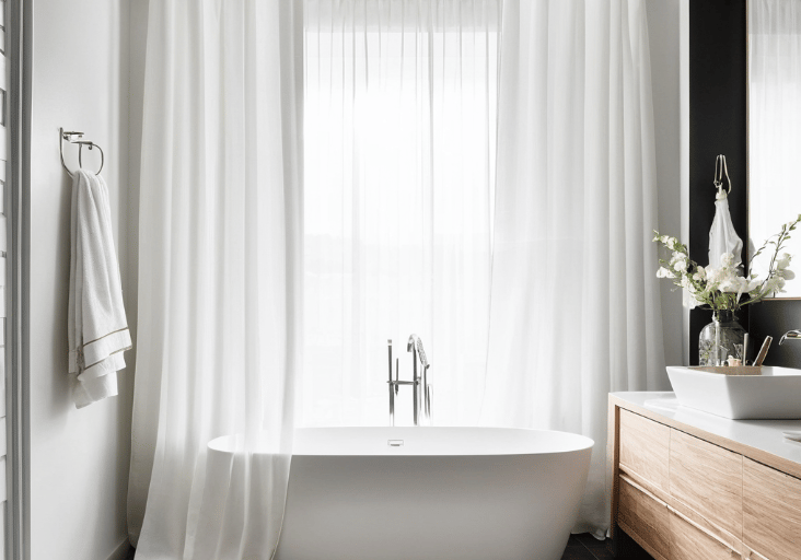 Baltos vonios užuolaidos vonioje