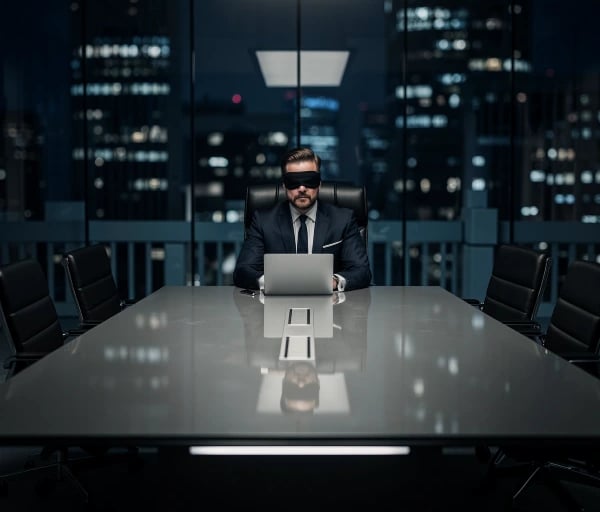Business leader in a boardroom wearing a blindfold, symbolising blind spots in organisational decision-making
