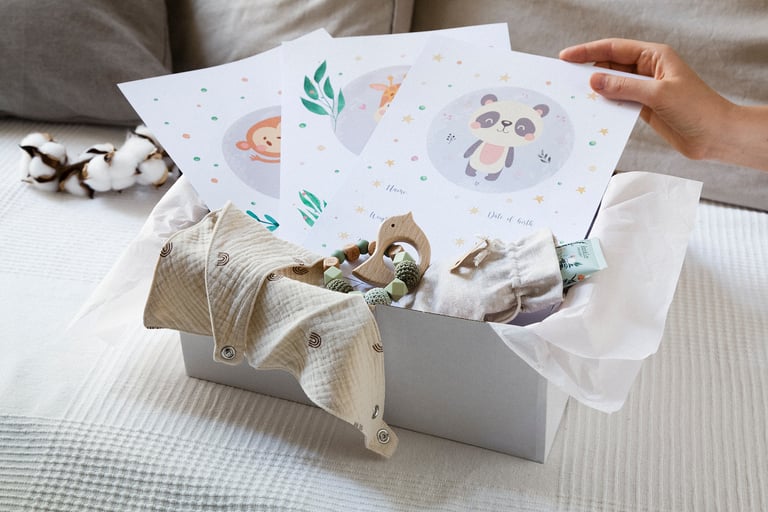 A box with a toy, hand cream, colourful paper and a bib.