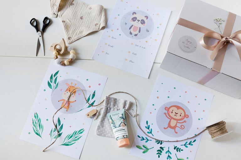 A flat lay with a toy, hand cream, colourful paper and a bib.