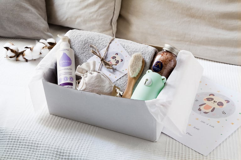 Box with a lotion, brush, towel, salt and a toy.