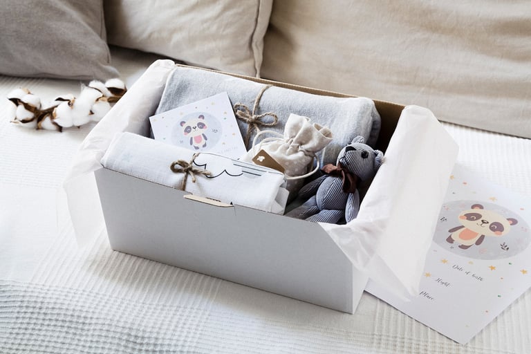 A box with a bear, card, bag, blanket and a towel.