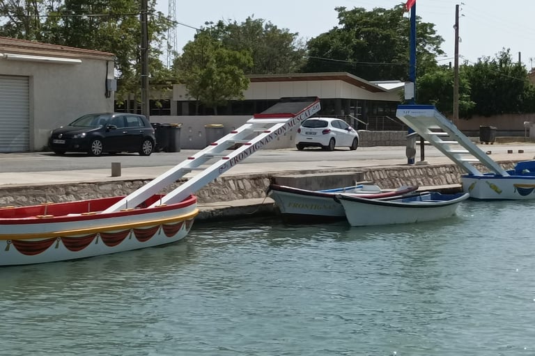 Near our mooring in Frontignan the jousting boats lie ready for the fray