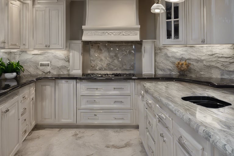 a kitchen with marble counter tops and a marble counter top