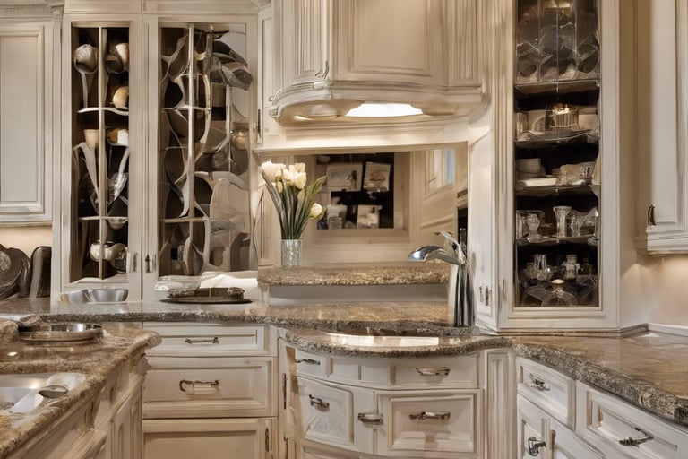 a kitchen with a marble counter top and a marble counter top