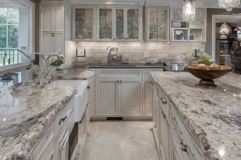 a kitchen with a large marble counter top