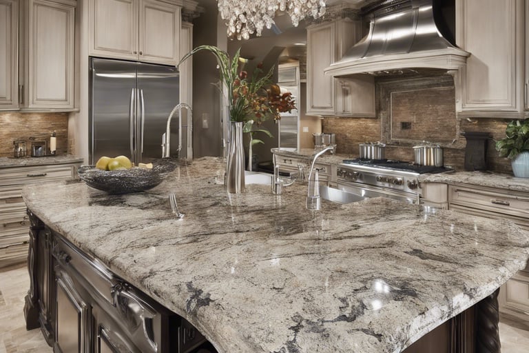 a kitchen with a large island and a large island