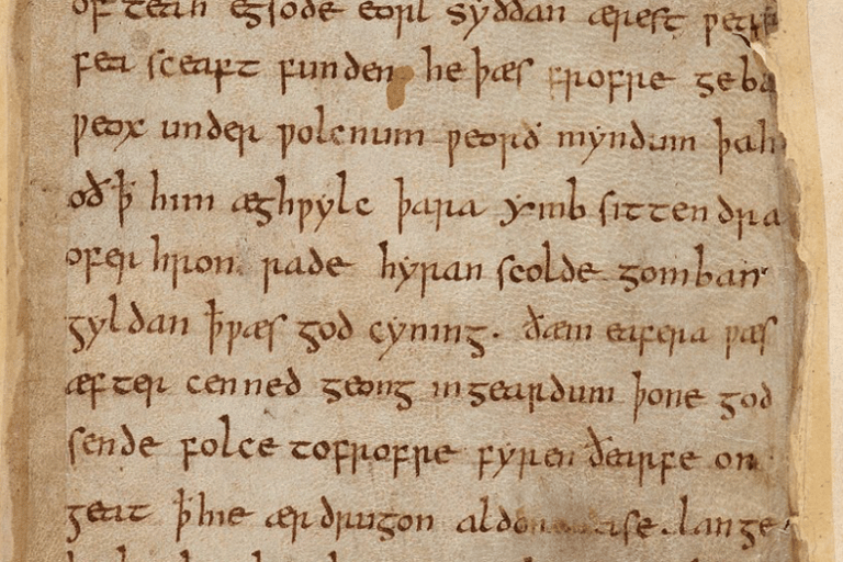The first folio of the heroic epic poem Beowulf, written primarily in the West Saxon dialect of Old 