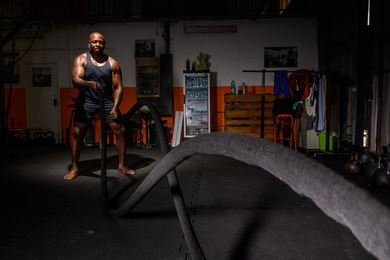 Un homme noir musclé s'entraîne à la corde dans un gym