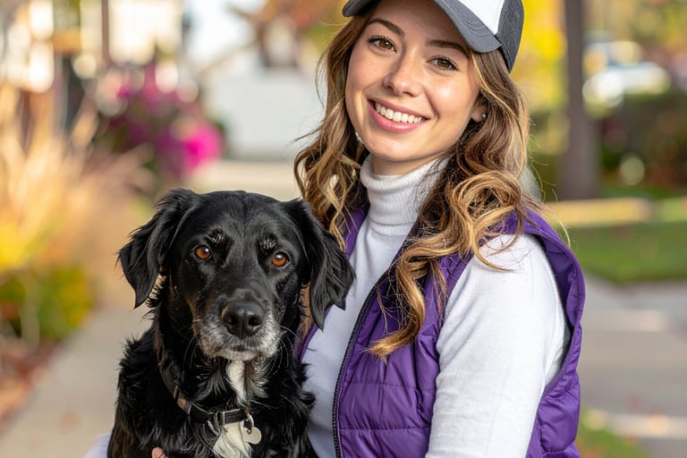 a poof pet waste removal technician wearing the uniform- purple vest and hat, with a dog