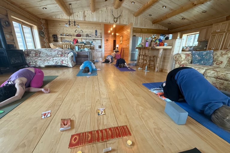 a group of people doing yoga exercises on a wooden floor