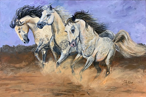 Dynamic painting of three galloping wild Arabian horses, light dapple grey, kicking up dust in a desert landscape.