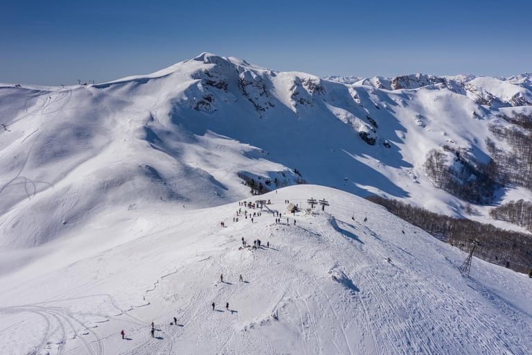 Aerial view of Bjelasica moutain under snow in Kolasin ski resort in Montenegro
