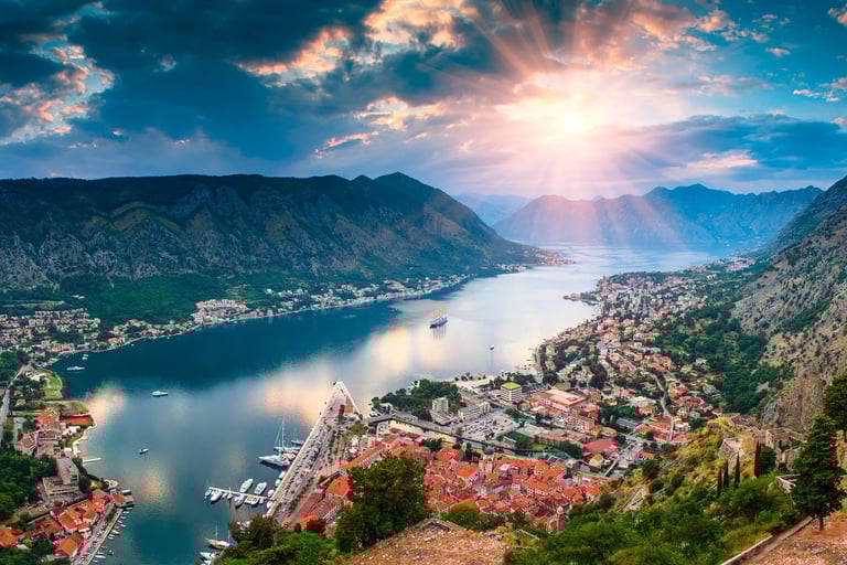Aerial sunset view of Kotor old town in Montenegro