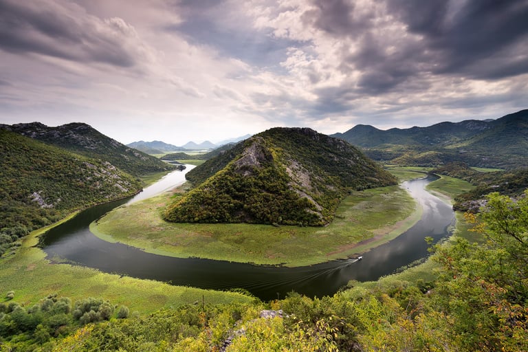 Crnojevica River horseshoe bend in Skadar Lake National Park in Montenegro