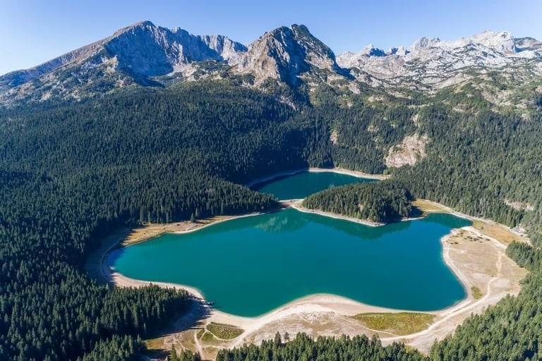 Aerial view of Black Lake in Zabljak Montenegro part of Durmitor National Park