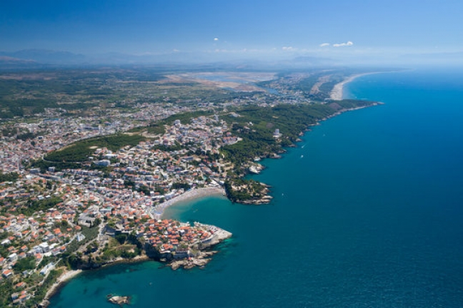 Aerial view of Ulcinj's Old Town and coastline