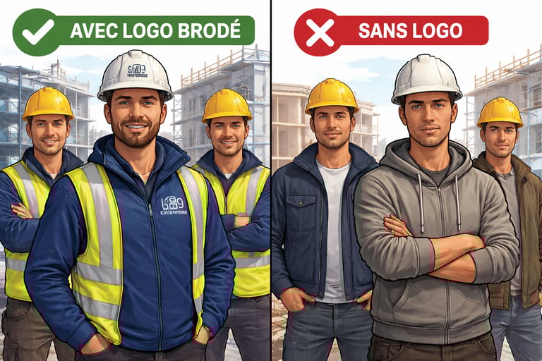 Différence entre une équipe BTP avec logo brodé professionnel et une équipe sans logo sur chantier