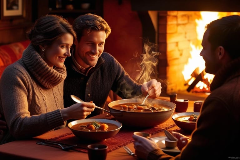 A couple enjoying stew in a cosy setting