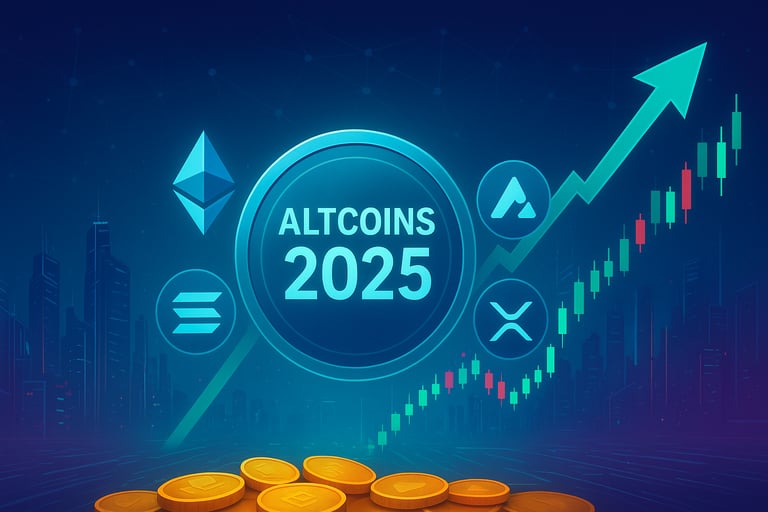 Infografía futurista que muestra el auge de las altcoins en 2025, con Ethereum, Solana, XRP y Avalanche en crecimiento, gráfi