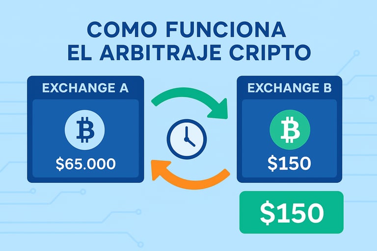 Infografía moderna sobre cómo funciona el arbitraje de criptomonedas: comparación de precios entre exchanges, flechas de comp