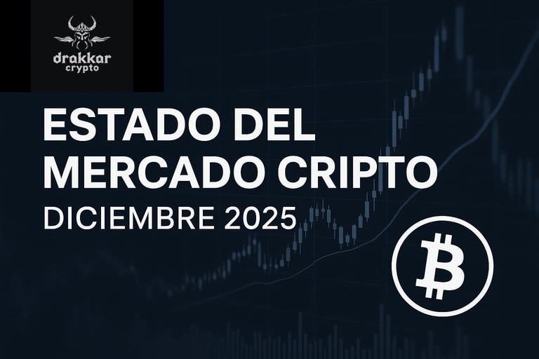 Gráfico digital que muestra la evolución del mercado cripto en diciembre de 2025, con Bitcoin, altcoins y tendencias macro de