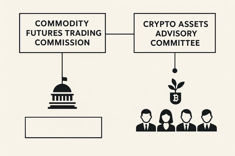 Diagrama en blanco y negro que muestra la estructura organizativa de la CFTC y su nuevo Comité Asesor de Criptoactivos, con i