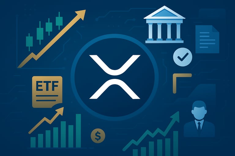 Infografía de XRP mostrando crecimiento con velas japonesas verdes, flechas alcistas, gráficos de volumen y entorno regulator