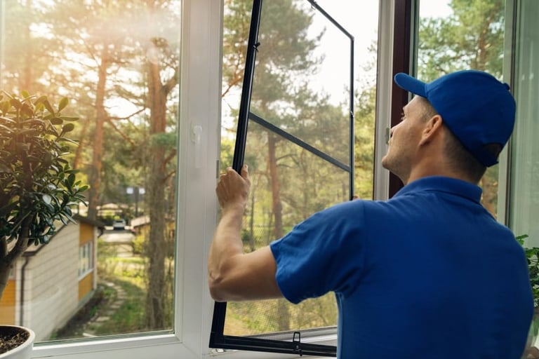 a man in a blue shirt is holding a window pane