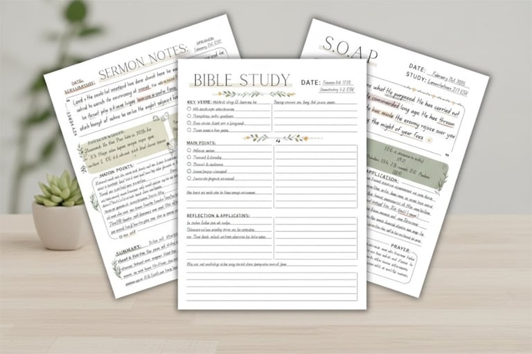 Printable Bible study templates and sermon notes pages with handwritten text on a desk.