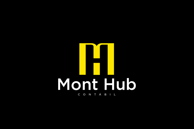 LOGO DA EMPRESA CENTRALIZADA. COR PREDOMINANTE , AMARELO. DESCRITIVO "MONT HUB CONTÁBIL" EM BRANCO