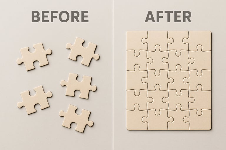 Puzzle before and after – symbolising the path and result of holistic IP management