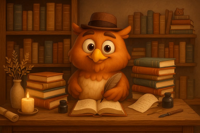 hibou dans bibliothèque
