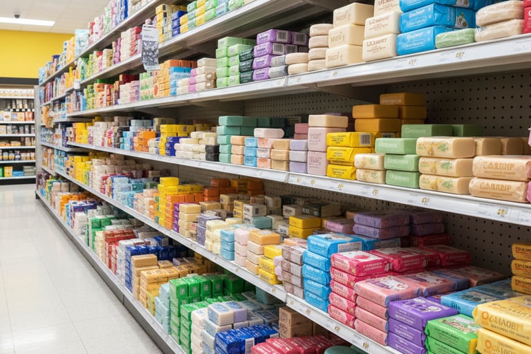 a store shelf with soap bars and soap bars