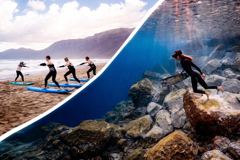 Clases de surf en la arena en la playa de famara y clases de apnea