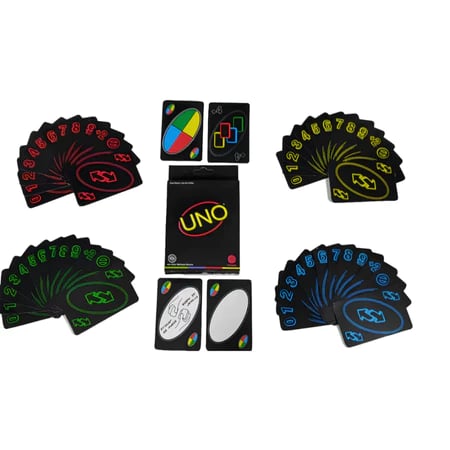 Baralho UNO Edição Minimalista Preto exibido em close mostrando o visual clean