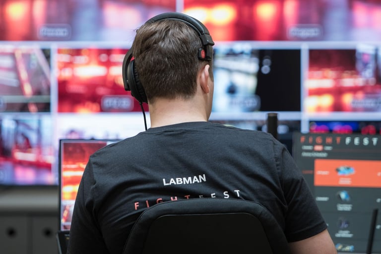 Ben, one of the organisers of FightFest, running the livestream for the 2022 event.