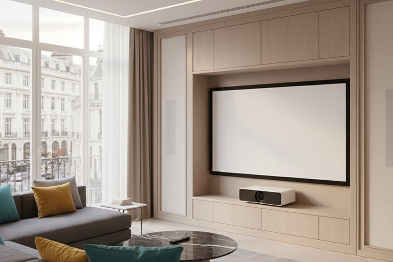 Modern London media room with 4K Laser TV, ALR screen, and bespoke cabinetry.