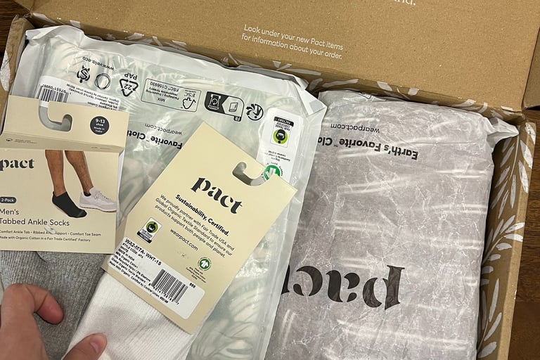 Pact organic cotton clothing in eco-friendly packaging box-sustainable basics made from certified orgamic cotton