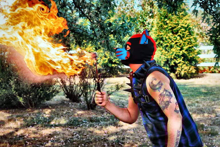 Man in a pup mask breathing fire.