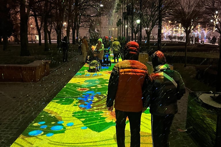 Illuminated walkway in Warsaw