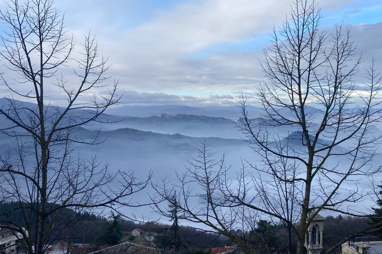View from Grand Hotel San Marino of the foggy low lands towards Rimini