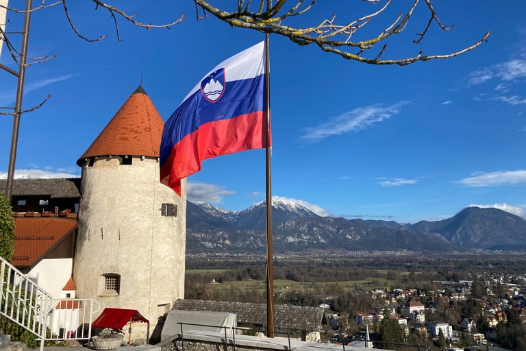 Inside Bled castle looking at the mountains