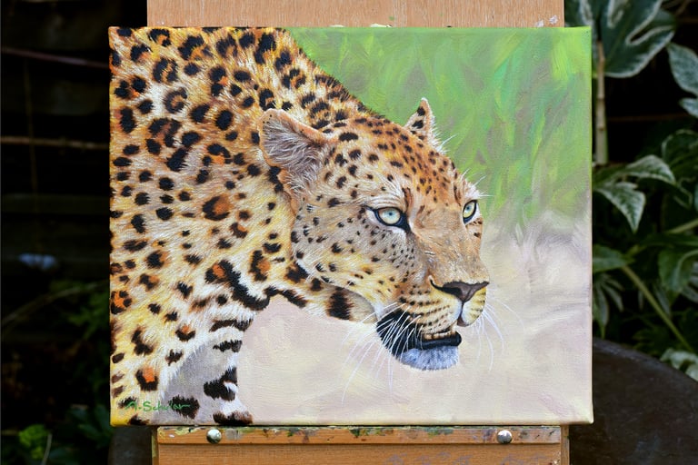 A realistic oil painting of a leopard on a canvas easel, showing detailed spots and intense eyes.