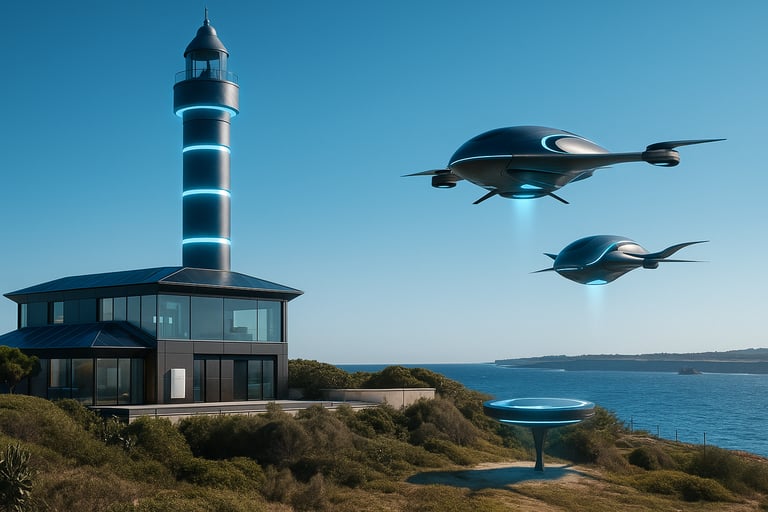 a lighthouse tower with a lighthouse and a lighthouse in the background