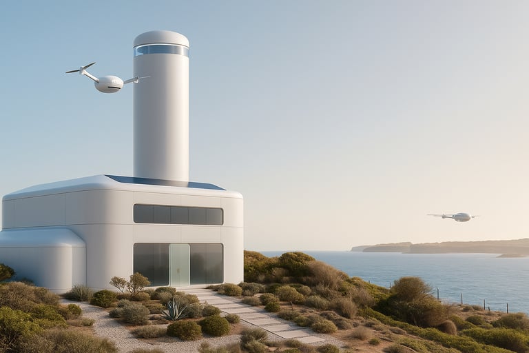 a lighthouse tower with a helicopter flying over it
